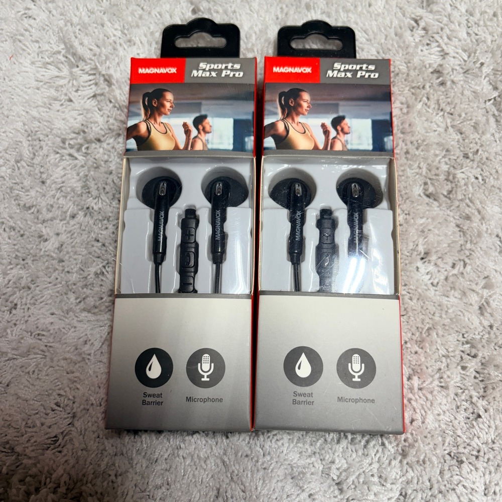 Magnavox Sports Max Pro Wired Earbuds with Mic Sweat Barrier‎ MHP4856-BK 2 Pack